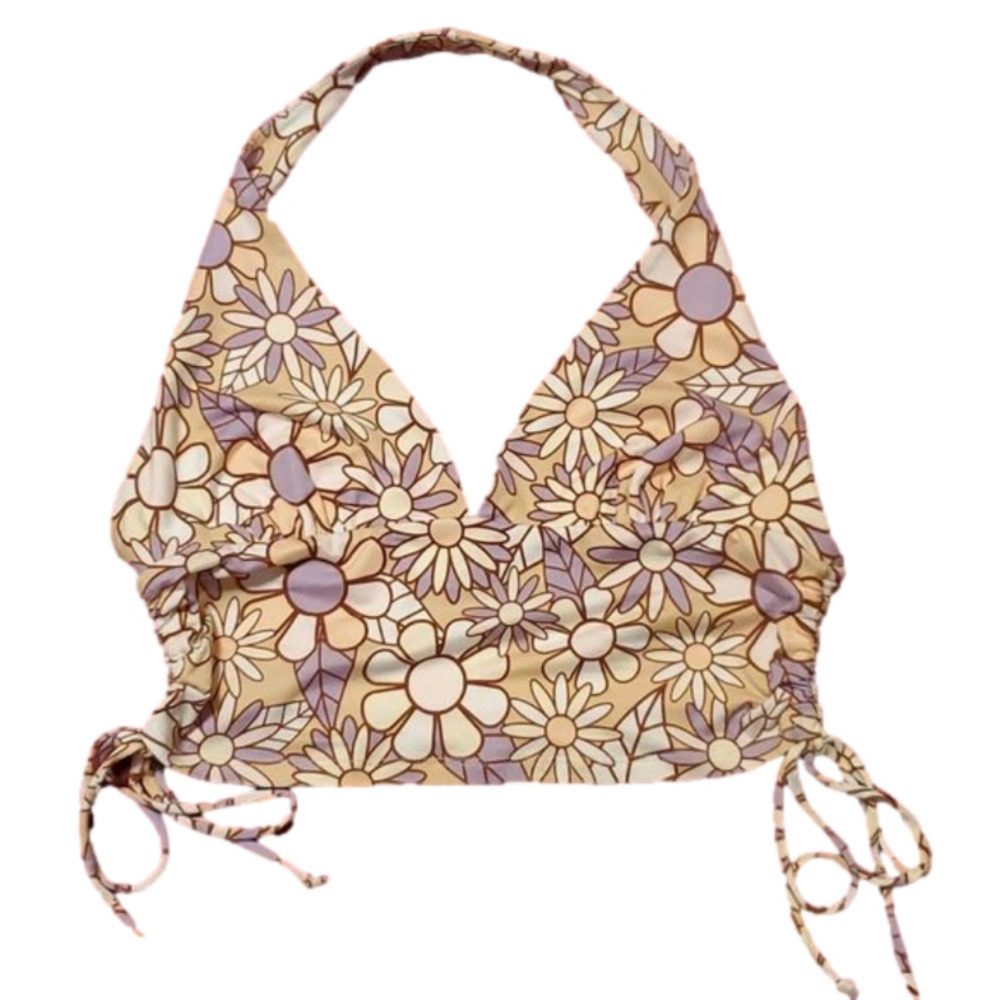 Retro Floral Halter Crop Top in Pastel Yellow & Lavender